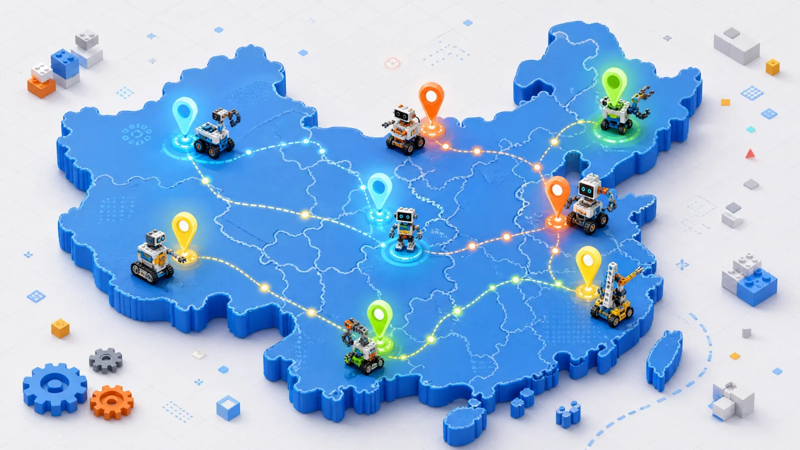 标注全国各机器人赛区位置的立体地图，城市上有积木机器人与定位标记